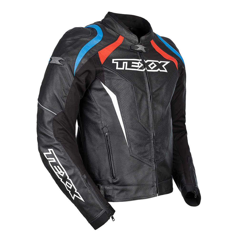 Jaqueta Moto Texx Sniper V3 Masc. Couro Preta Vermelha Azul