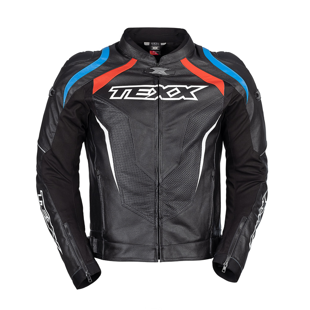 Jaqueta Moto Texx Sniper V3 Masc. Couro Preta Vermelha Azul