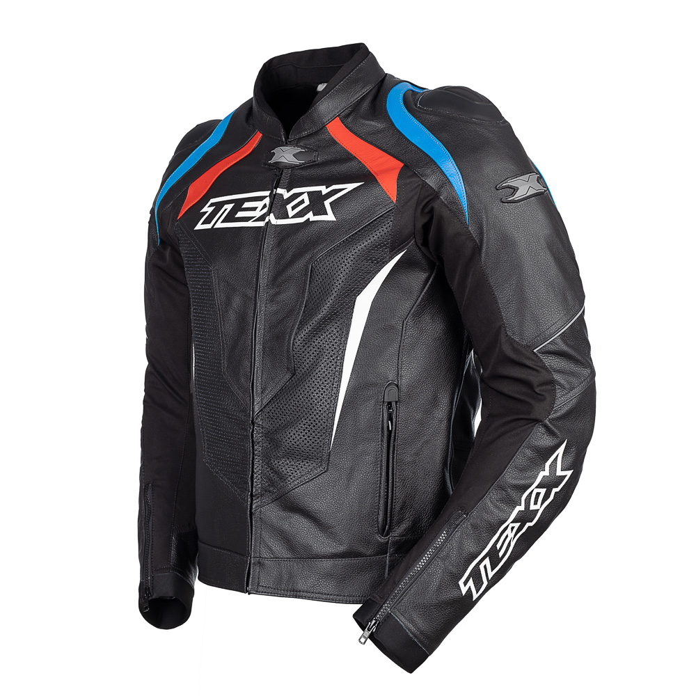 Jaqueta Moto Texx Sniper V3 Masc. Couro Preta Vermelha Azul